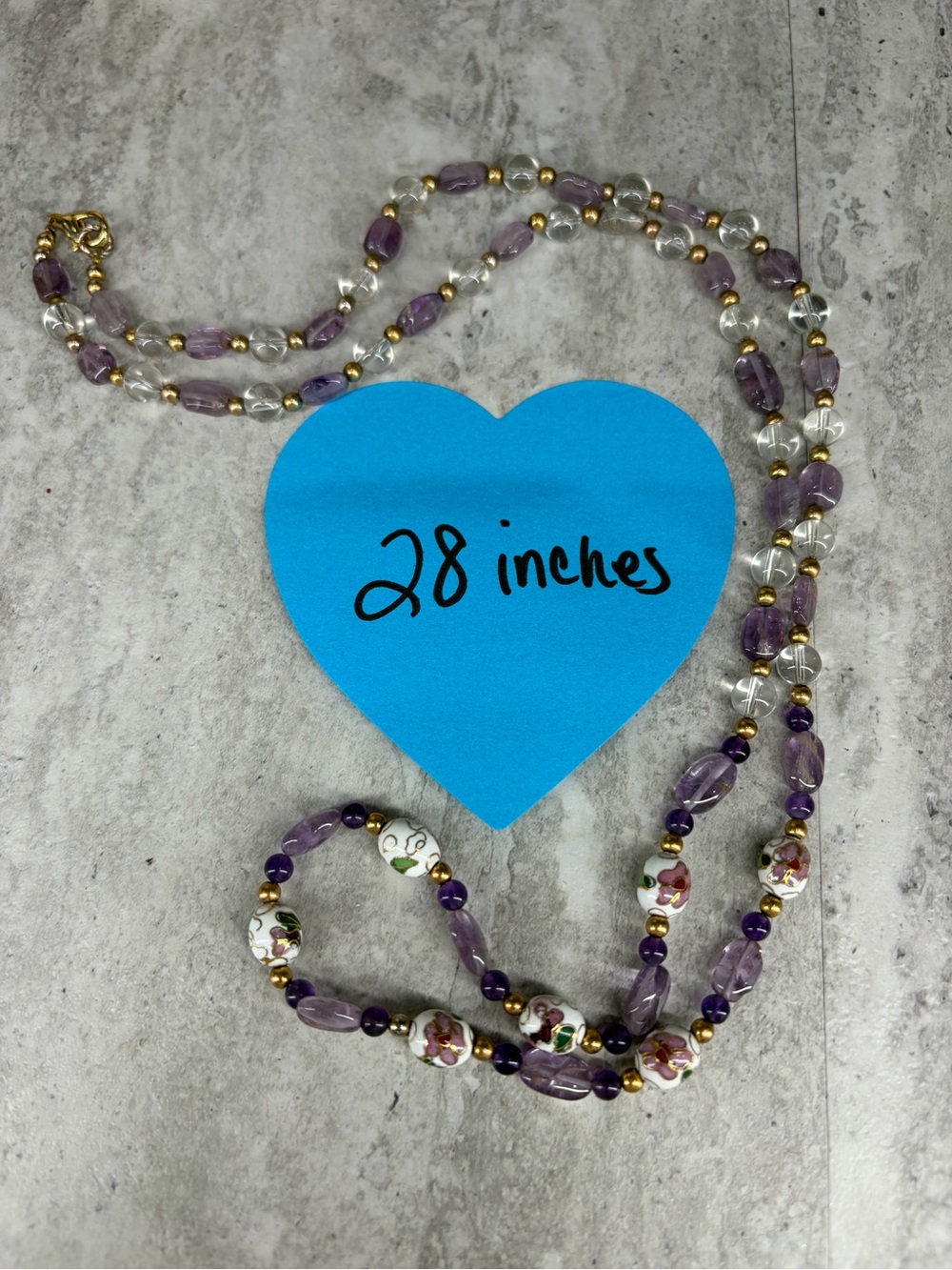 Glass Cloisonné Beaded Necklace Purple Floral Jewelry 28” Strand - Picture 3 of 3